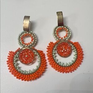 Handcrafted Orange Beaded Hoop Drop Earrings